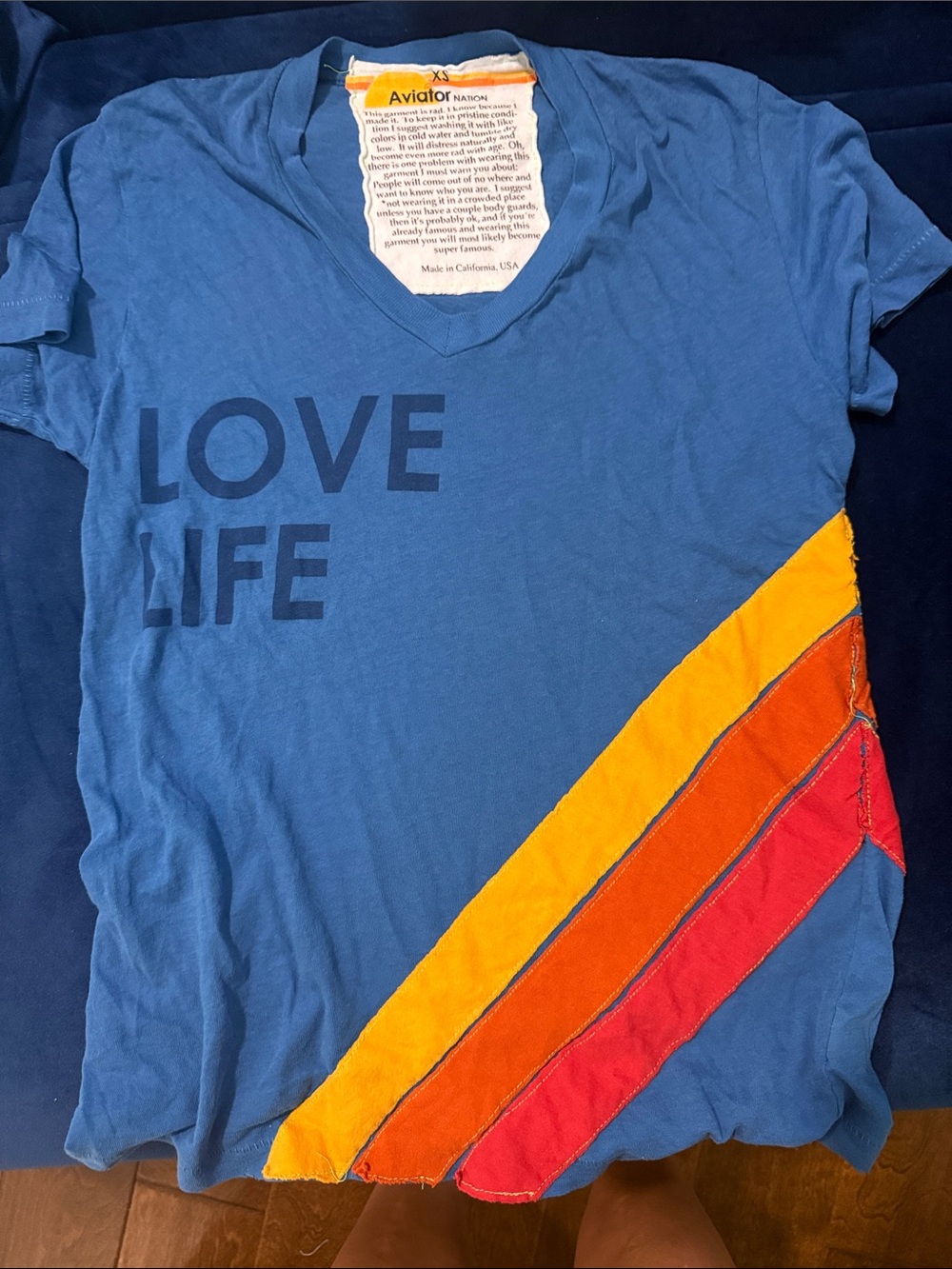 Aviator Nation Blue V‑Neck Tee w/ retro Yellow Orange & Red Diagonal Stripes XS